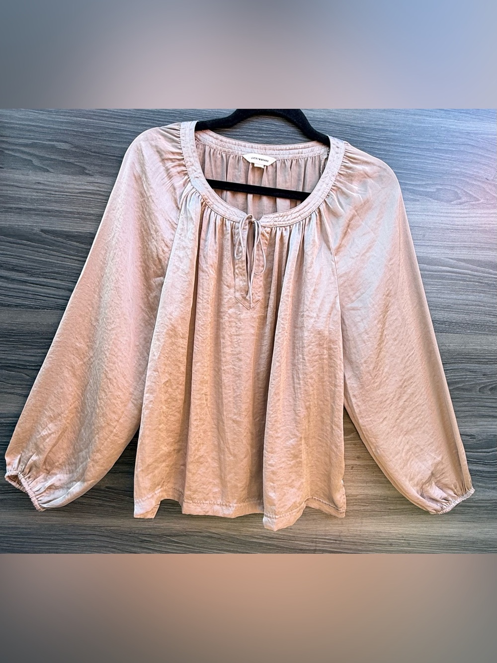 Lucky Brand Silky Satin Long Sleeve Peasant Blouse Taupe/Warm Champagne Size L
